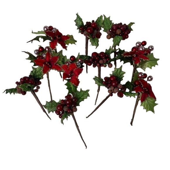 Christmas Holly Berry Picks Tree Wreath Decorations 5.5 in Vintage Set of 10 u B - Picture 1 of 6